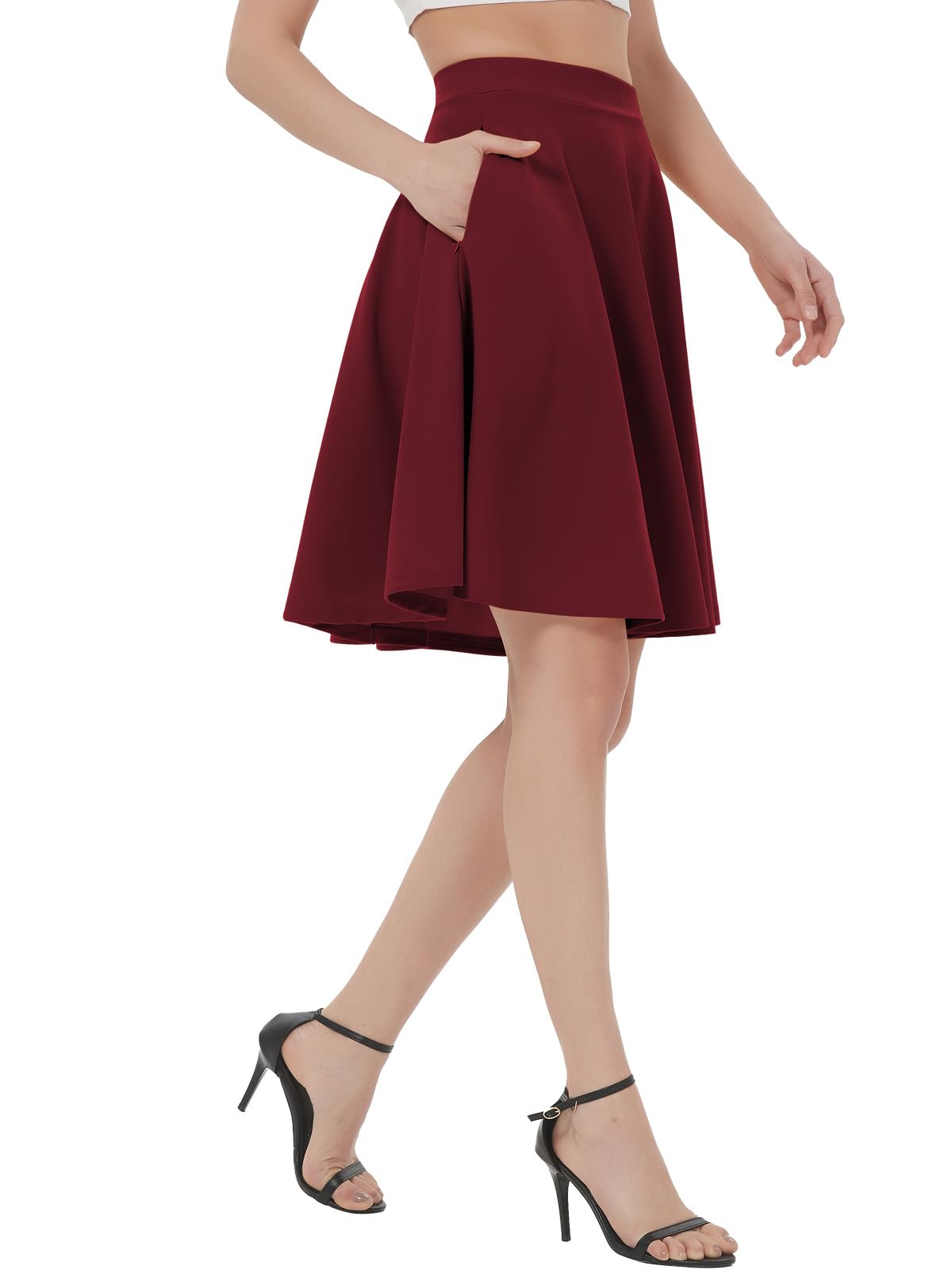 Soudittur Plisseerock Damen Basic Solid Midi-Rock Elegant Faltenrock Elastisch Hohe Taille Plisseerock Knielang Skater Rock mit Reißverschlusstasche