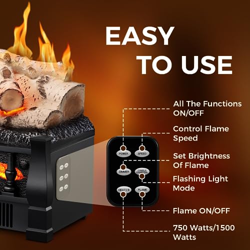 Joy Pebble Electric Fireplace Insert Log Heater 21",750W/1500W Adjustable 5 Flame Brightness,5 Speed Mode,Fireplace Insert with Realistic Ember Bed and Whitish Gray Log,Remote Control