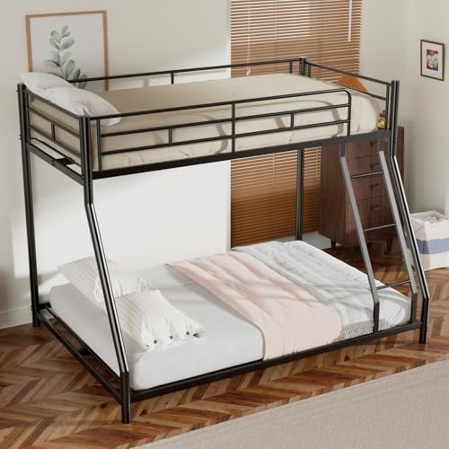 Mixcous Twin Over Full Bunk Bed for Adults & Kids, Heavy Duty Bunk Beds with EVA Padded Ladder and Full-Length Guardrails, Noise-Free Metal Bed Frame, Space-Saving Design, Black