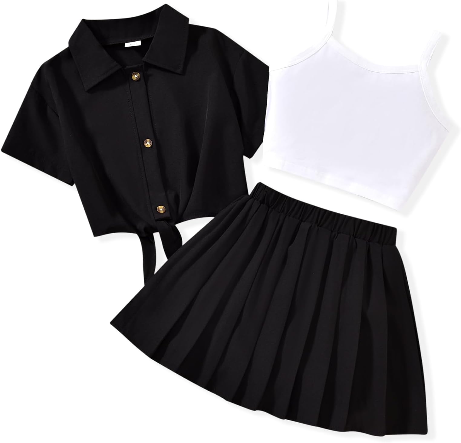 Girls 3 Piece Outfit Cami Crop Tops Skirt Set with Button Down Shirts Size 6-12