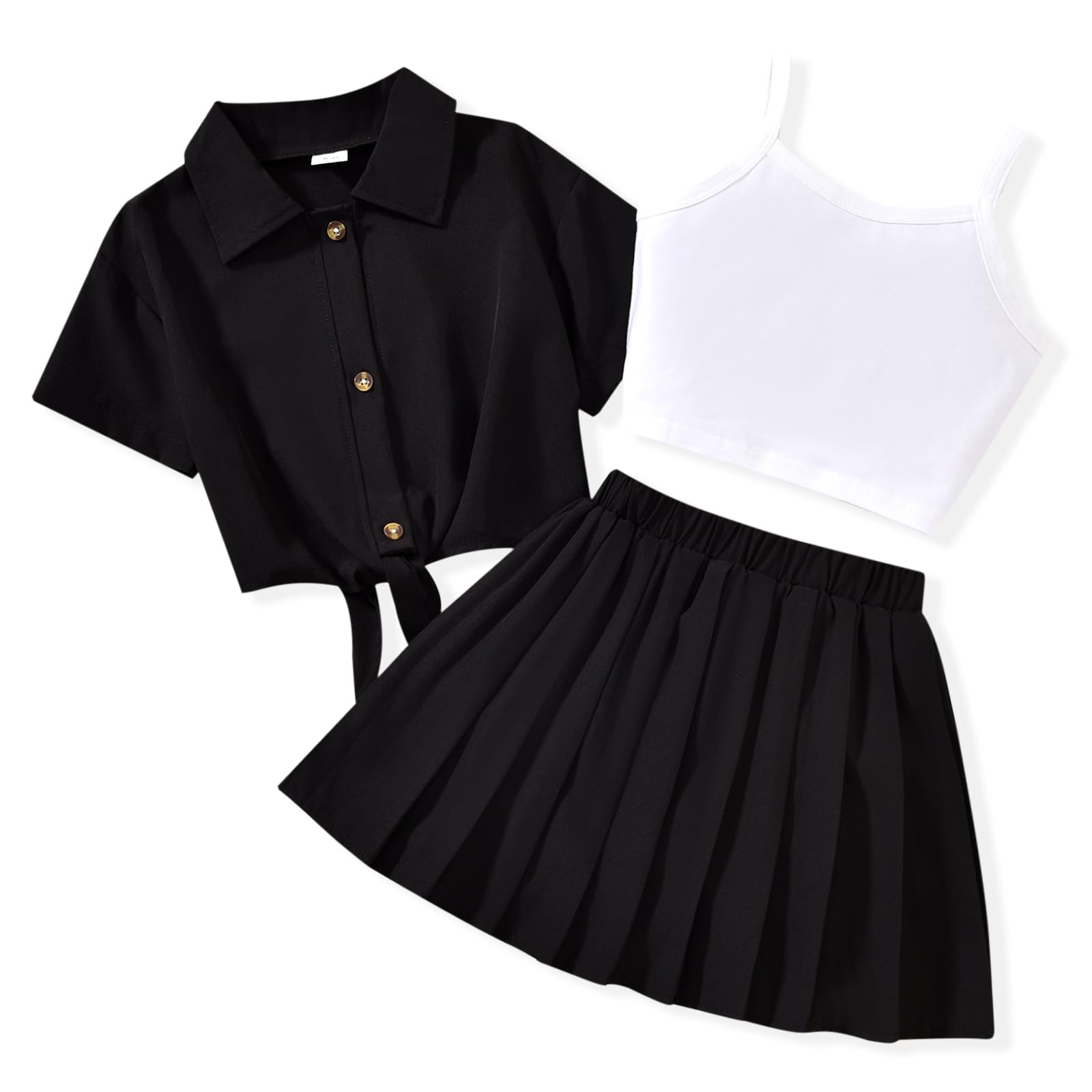 HIHA Girls 3 Piece Outfit Cami Crop Tops Skirt Set with Button Down Shirts Size 6-12