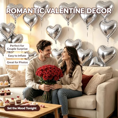Image of 50 Pcs Silver Heart Balloons,5 Inch and 10 Inch Heart Foil Balloons Love Balloon Valentine Balloon for Birthday Party Wedding Engagement Party Baby Shower Valentine Day Decorations
