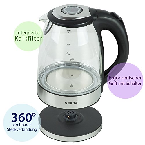 Wasserkocher 1,7L (2200W) Edelstahl, LED-Beleuchtung, OneTouch-Verschluss, Kalkfilter, Kabelaufwicklung, Glas, 100% BPA… – Bild 3