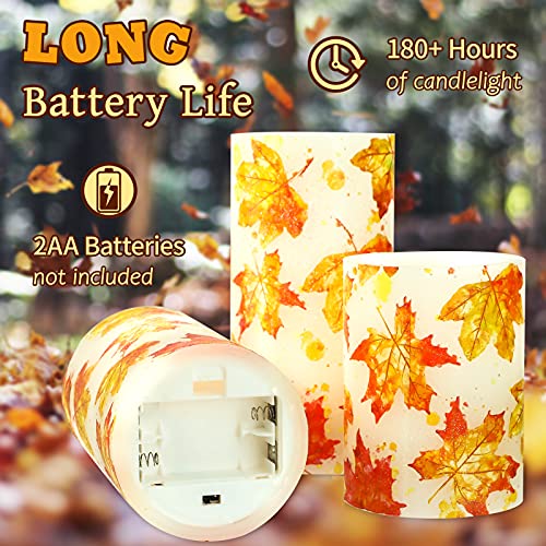 Image of Flameless Candles Remote Fall Leaves Decal Flickering Real Wax Battery Operated Candles for Home Party Wedding Botanical Christmas Fall Decorations - Set of 3
