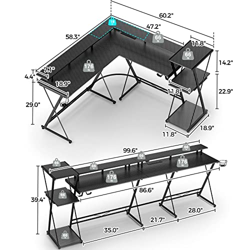 Seven Warrior L Shaped Gaming Desk With Led Lights & Power Outlets, 58”Reversible Computer Desk With Storage Shelf & Monitor Stand, Corner Desk With Cup Holder, Gaming Table With Headphone Hook, Black #TOP2