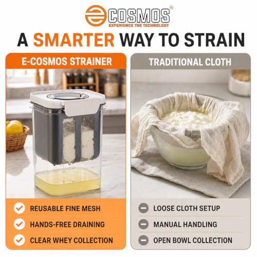 Image of E-COSMOS Multipurpose Greek Yogurt & Curd Strainer with Date Tracker, 1100ml BPA-Free Fine Mesh Filter for Whey Separation & Cheese Making, Multi-Color (Lock and Date)