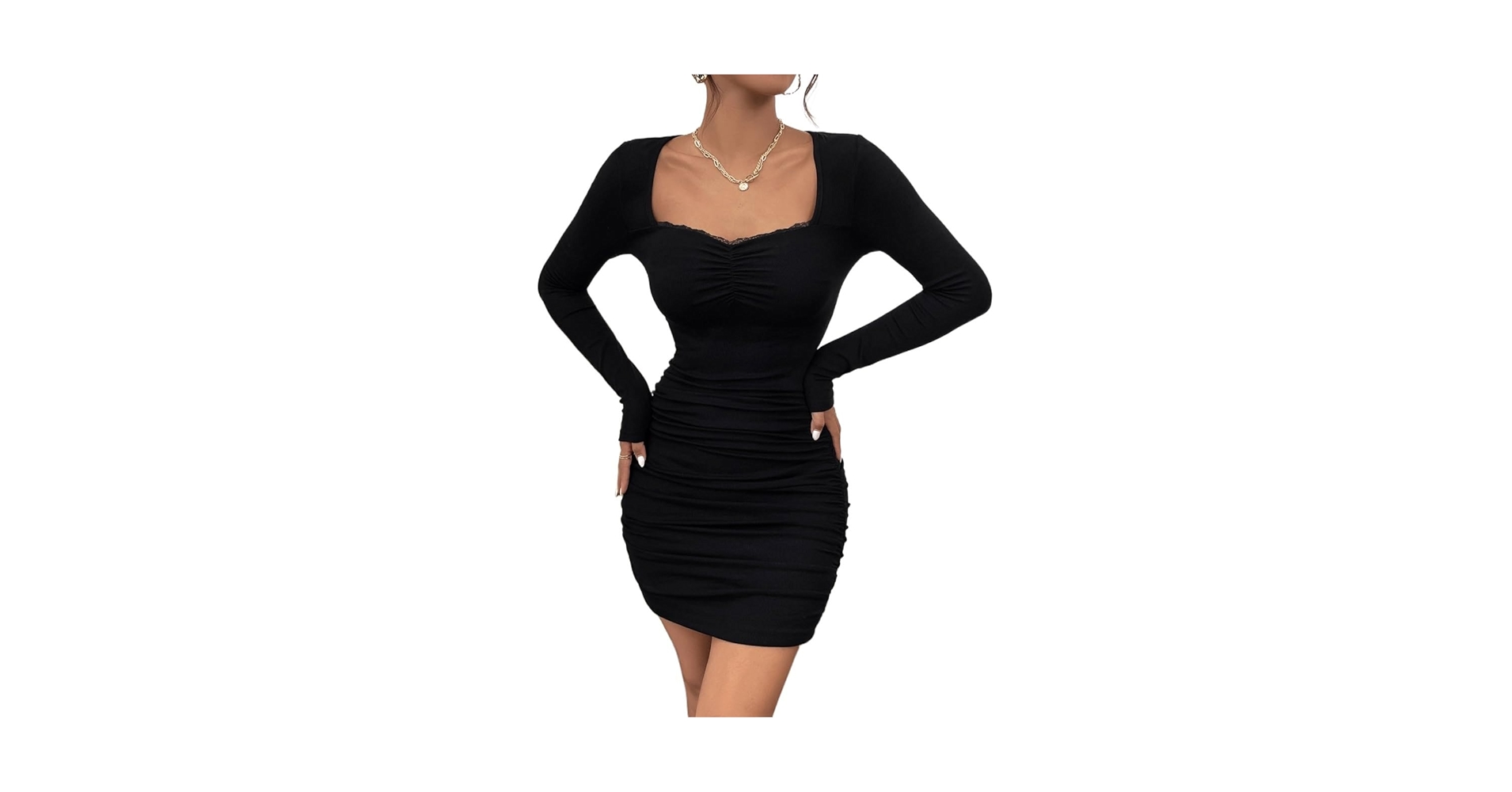 Women's 2025 Spring Fall Dress Neck Lace Trim Ruched Black