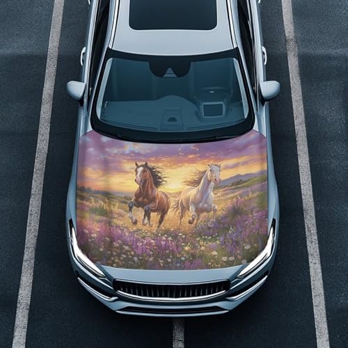 Image of Car Hood Cover,Outdoor Decoration Car Hood Cover Protector Suitable Most Automotive Sedans Trucks Pickup Sports Cars,Car Accessories Horse Purple Flower Design