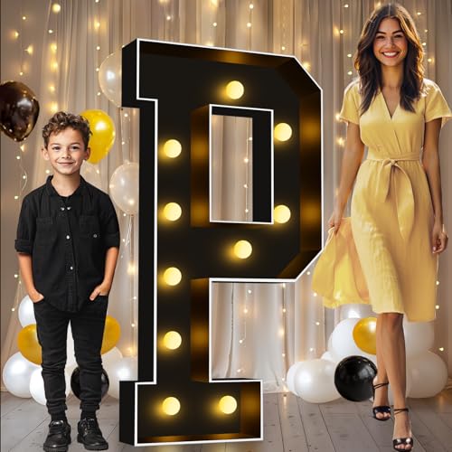 Image of Pooqla 4FT Marquee Light Up Letters, Black Large Letter P Party Decorations | LED Marquee Letters 4 Feet Tall, Black Giant Mosaic Letters Gift for Boys Men Birthday Anniversary Wedding Decoration