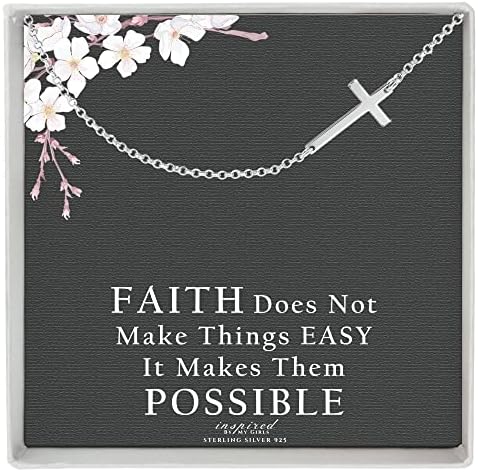 Inspired By My Girls Sterling Silver Sideways Cross Necklace with Adjustable Rolo Chain and Faith Keepsake Card Gift For Women