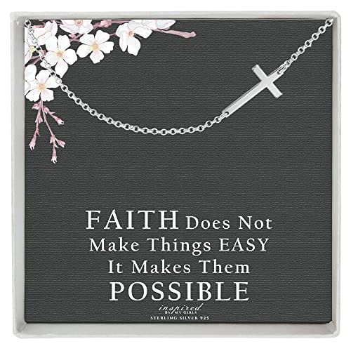 Sterling Silver Sideways Cross Necklace with Adjustable Rolo Chain and Faith Keepsake Card Gift For Women