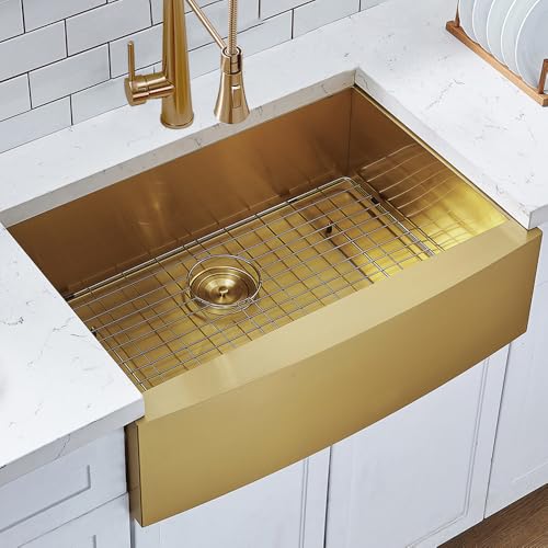 HOTIS Gold Farmhouse Sink, 30 Inch Gold Kitchen Sink, Flat Apron-Front Undermount Drop In Farm Sinks, Stainless Steel Single Bowl Handmade Farmhouse Kitchen Sinks With Accessories by HOTIS HOME - Used condition - Image 2