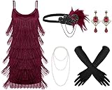 Zhanmai 6 Pcs Flapper Dress Flapper Costumes for Women 1920s Accessories Set Headband Pearl Necklace Earrings Gloves Stick(Small,Burgundy)