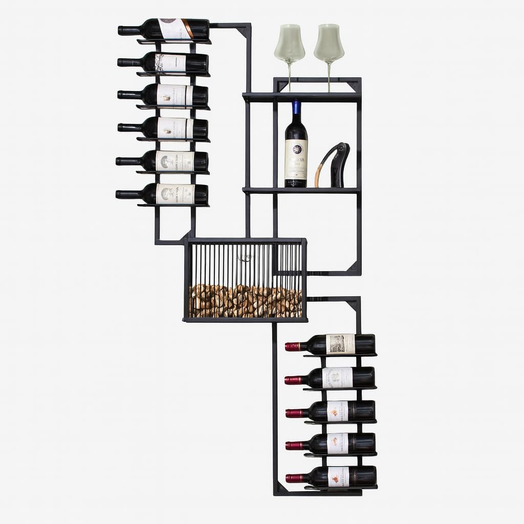Wine Enthusiast 11-Bottle Gallery Wall Wine Rack with Cork Catcher - Black Powder-Coated Iron Label-Forward Display for 750 mL Bottles, Wall Mounted Bar & Dining Room Décor