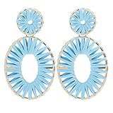 BaubleStar Kiera Raffia Tassel Fringe Rattan Hoop Drop Statement Earrings Light Blue Turquoise Tiered Thread Handmade Round Oval Cirle Dangle Fashion Jewelry for Women
