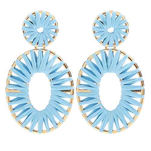 BaubleStar Kiera Raffia Tassel Fringe Rattan Hoop Drop Statement Earrings Light Blue Turquoise Tiered Thread Handmade Round Oval Cirle Dangle Fashion Jewelry for Women