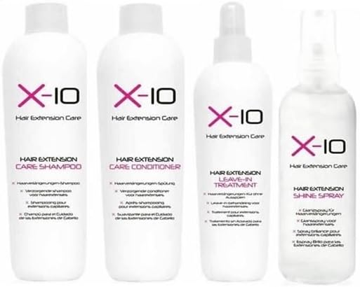 X-10 Hair Extension Care Set of 4  Care Conditioner 250 ml, Care Shampoo 250 ml, Leave-In Treatment 250 ml & Shine Spray 125 ml