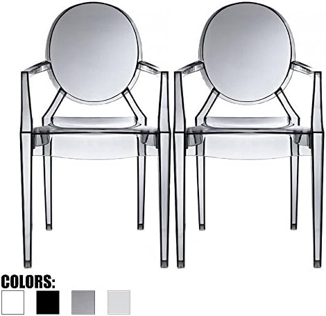 2xhome Set of 2 Smoke Modern Glam Ghost Chairs Chair with Arms Molded Acrylic Plastic Mirrored Furniture Dining Retro for Writing Desk Dining Living Bedroom Outdoor Vanity Accent