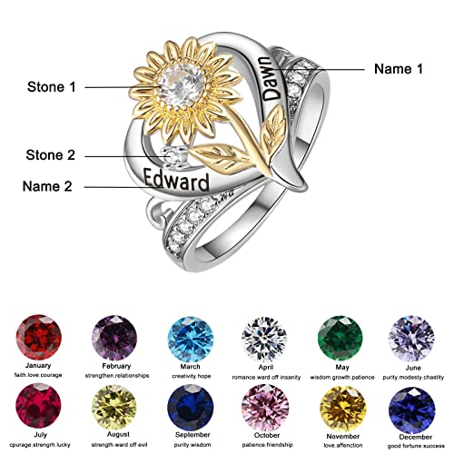 10K/14K/18K Gold Personalized Sunflower Rings with 1-5 Birthstone Customized Engraved Name Sunflower Birthstone Ring for Birthday, Anniversary, Thanksgiving, Graduation Gemstone Jewelry Gift for Mom, Friend, Family, Wife4