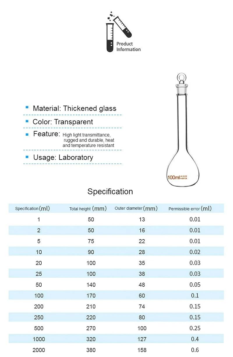 Matraz volumétrico de vidrio de borosilicato alto, matraz medidor transparente con tapón de vidrio, 1 ml a 100 ml, paquete de 2(100ml)