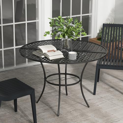 Outsunny 42" Round Outdoor Dining Table for 4 Persons, Metal Patio Dining Table with Umbrella Hole and Steel Frame for Backyard, Lawn, Balcony, Pool, Black