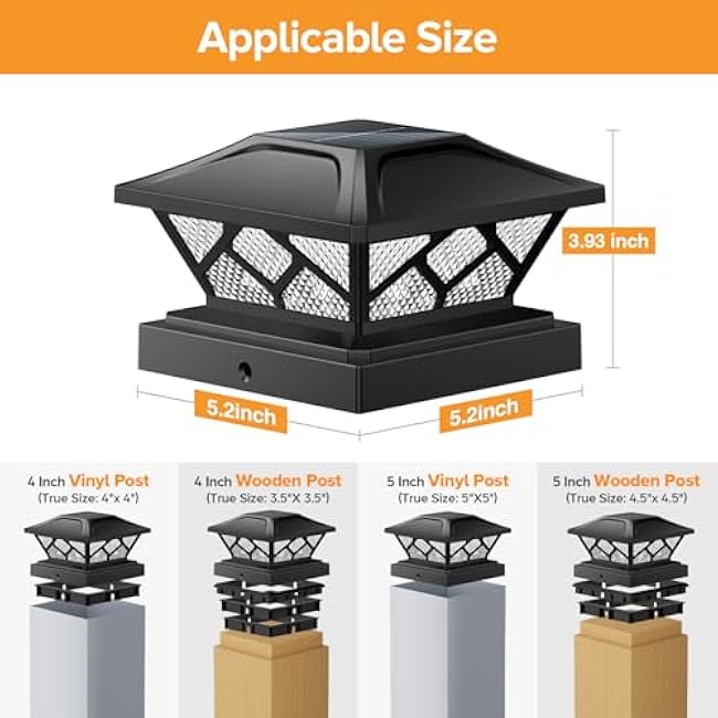 LETMY Solar Flame Post Cap Lights 2 Pack, 2 Modes Flickering Flame Outdoor Fence Post Solar Lights Waterproof for Garden Yard Fence Deck Patio Decor, Fits 4x4, 4.5x4.5, 5x5 Vinyl/Wooden Posts