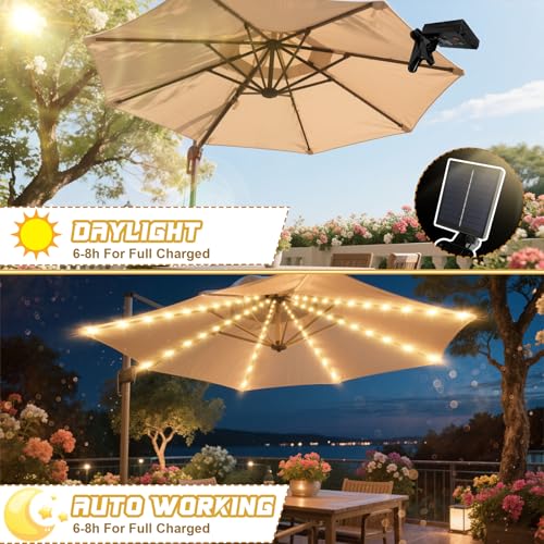 VEEKAY Sonnenschirm Beleuchtung Solar,104 LEDs Solar LED Sonnenschirm Lichter mit Fernbedienung,8Modus Regenschirm Lichterkette,IP67 Wasserdichte Gartenleuchten für Schirmdekoration,Campingzelte Party