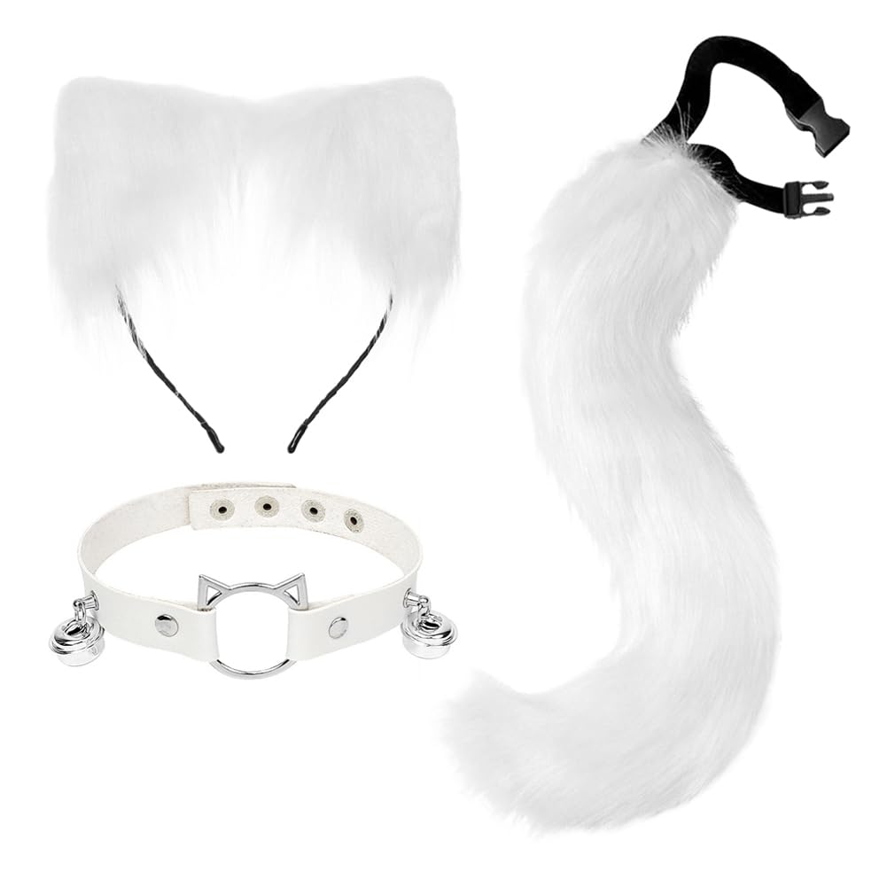 3 Pcs Faux Fur Cat Tail Ears Headband Neck Choker Set for Women Ladies Halloween Costume Fancy Dress Fluffy Cute Cat Hair Clip Choker with Bell Wolf Animal Dress Up Cosplay Party Accessory Outfit