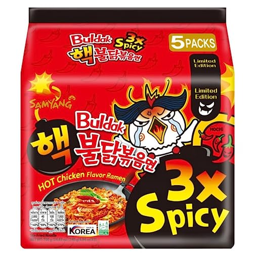 Samyang Hot Chicken Flavour Buldak Ramen Noodles Spicy Hot Triple (3x Spicy) Stir Fried Korean Ramyun 140g (Pack of 5)
