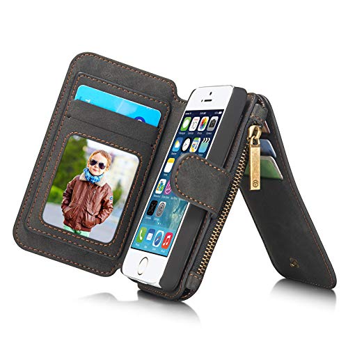 Preisvergleich Produktbild Shazikaihui kompatibel mit iPhone SE / 5s hülle Leder Schutzhülle Geldbörse, Abnehmbare Magnetverschluss Handyhülle, 14 Kartenfächer 1 Reißverschluss Münzfach, iPhone SE / 5s Geldbeutel (schwarz)