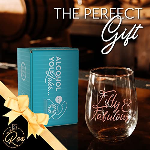 On The Rox Drinks 50th Birthday Stemless Wine Glass for Women - 50 & Fabulous- 50 Year Old Wine Glass Birthday Gift- Rose Gold Print Ideal for Women, Mom, Friend, Sister Turning Fifty - 17 oz