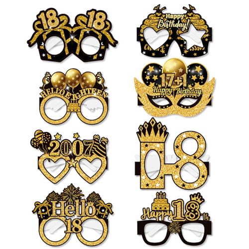18th Birthday Glasses, LMSHOWOWO 8PCS Paper Novelty 18th Birthday Party Glasses, Funny Happy Birthday Photo Booth Props for Boys Girls Cheers to 18 Years 18th 2007 Birthday Party Decoration Supplies