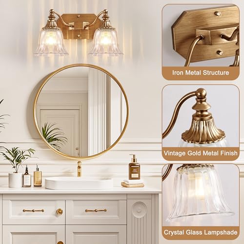 Image of Vintage 2-Light Brushed Gold Vanity Light, Crystal Glass Shade | Antique Gold Finish, Bathroom Lighting Fixtures Over Mirror, Wall Sconce Lighting for Bedroom, Living Room