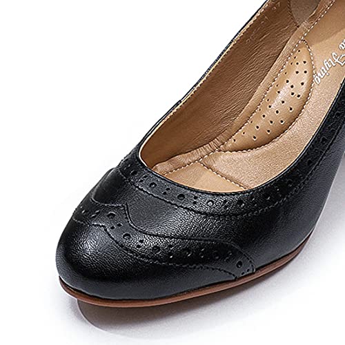 Mona flying Women's Vintage Leather Pump Chunky Heel Round Toe Office Dress Shoes for Ladies3