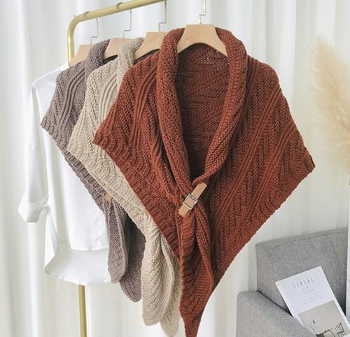 Women's Cable Knit Triangle Shawl Wrap Scarf Warm Winter Elegant Stylish Knitted Scarf with Leather Buckle3