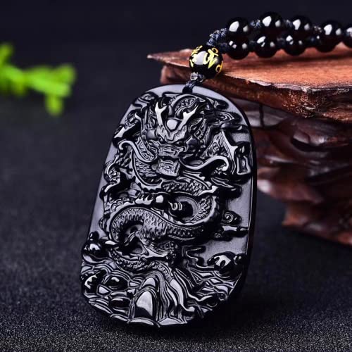 Collier obsidienne noire d'exception avec son amulette sculptée et perles