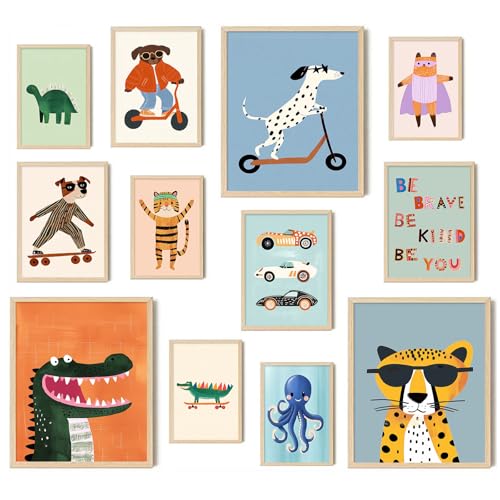 Image of Aroutde 12Pcs Baby Nursery Room Decor, Cartoon Animal Playroom Canvas Wall Art Kids Transport Inspirational Quotes Posters Colorful Printing for Boys and Girls Room Decor（Unframed）