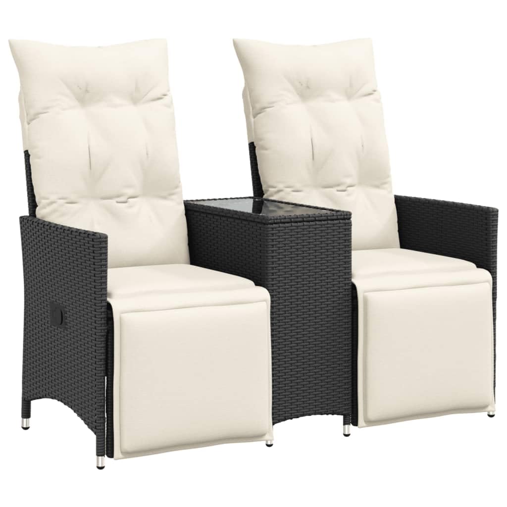 IKAYAA Balkonmöbel Set mit integriertem Tisch, Verstellbare Hochlehner Stühlen, Polyrattan Gartenbank 2-Sitzer, Gartensofa 2-Sitzer, Balkon Sitzgruppe, Schwarz, Hartglas Tisch