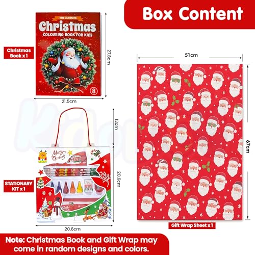 Image of Kidology 3-Pcs. Christmas Gift Pack for Kids - Colouring Book, Stationery Kit & Festive Gift Wrap | Fun Santa-Themed Holiday Activity Set with Random Designs