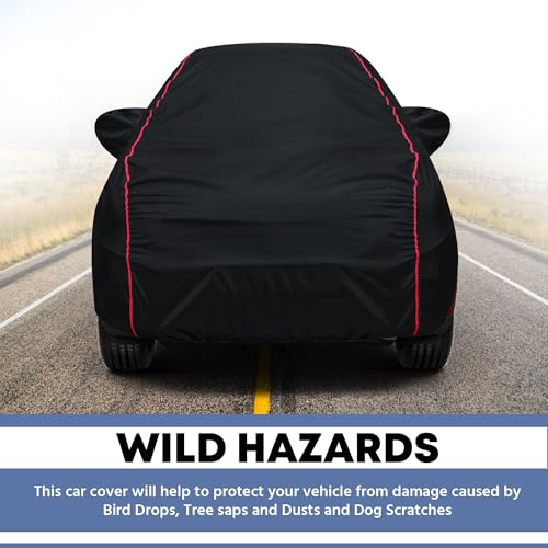 Image of Waterproof Car Cover for Tata Tiago | All-Weather Protection, Dustproof & UV Resistant | Triple Stitched Mirror Pockets, Windproof Buckle Strap with Elastic Hem, Black-Red Piping