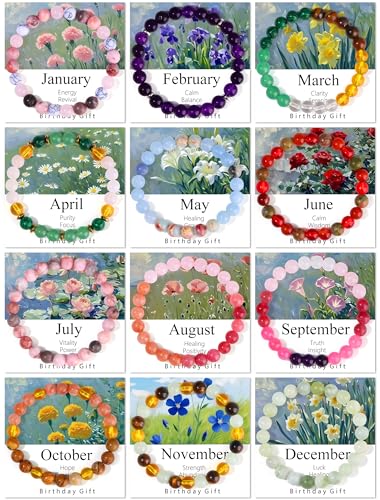 WAINIS 12Pcs Birthstone Crystal Floral Bracelets for Women Men Colorful Natural Stone Beads Bracelets Anxiety Relief Zodiac Month Beaded Bracelets for Birthday Gifts