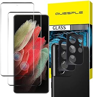 QUESPLE [2+2 Pack] Screen Protector for Samsung Galaxy S21 Ultra 6.8, 2 Pack Tempered Glass Film + 2 Pack Camera Lens Protector, HD Fingerprint unlock/Full Coverage/Anti-Scratch/Case Friendly