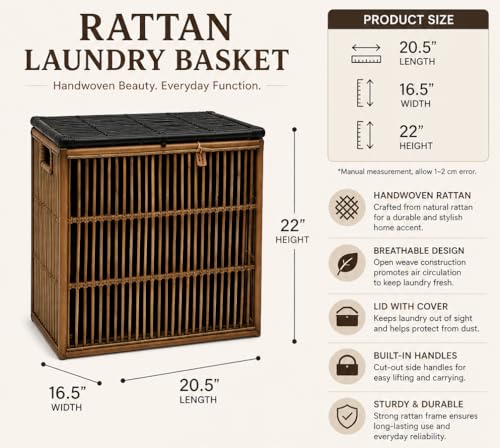 Image of wicker Laundry Basket with Lid| laundry basket with lid | storage basket Laundry Hampers(20.5 inchL x 16.5 inchW x 22 inchH) (Brown)