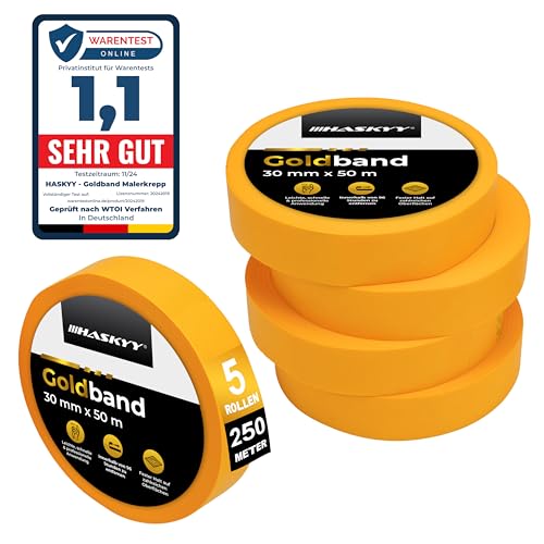 HASKYY Goldband Malerkrepp Kreppband 5x Malerband 30mm x 50m Profi Abdeckband Malertape Klebeband Washi Tape Gold Papiertape Selbstklebend