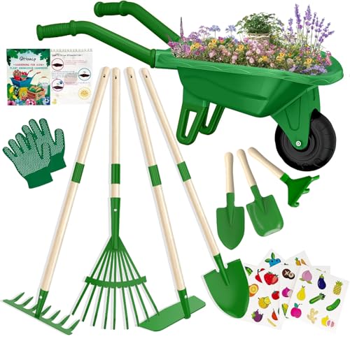 Qtioucp Kids Gardening Tools Outdoor Toys Set Backyard Play with Wheelbarrow Educational STEM Learning Pretend Toys Outdoor Indoor for Toddlers Kids Boys Girls