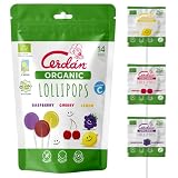Caramelos Cerdán - Piruletas Organic Lollipops ecológicas Bio | Sabores cereza, frambuesa y limón | Sin gluten ni alérgenos, aptas para veganos | 14 uds | Ideales para fiestas y celebraciones