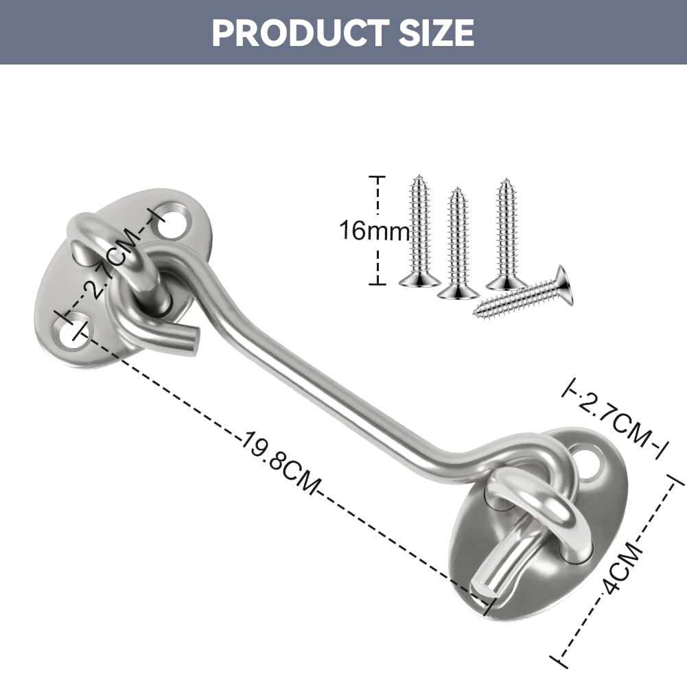 Flintronic Hook and Eye Latch, 2Pcs 8 Inch Stainless Steel Cabin Hook, Heavy Duty Gate Hook Lock - Image 2