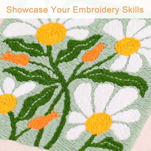 Image of REEWISLY Embroidery Starter Kits for Beginner Kids,Punch Needle Fabric with Pattern,Threader, Yarns,Pinch Needle, Embroidery Hoops & Rug Punch