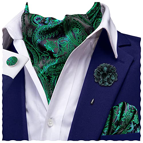 Image of Hi-Tie Ascot Lapel Pin Set Mens Cravat Ties for men Wedding Scarf Tie Party Business Formal Tuxedo,Black Green Paisley