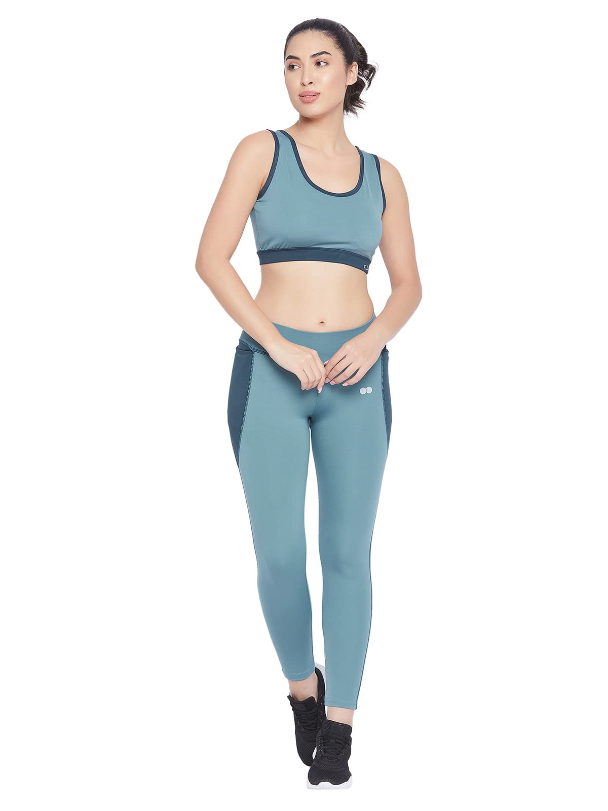 clovia Women's Activewear Ankle Length Tights & Padded Wirefree Sports Bra Set In Blue-picture-19